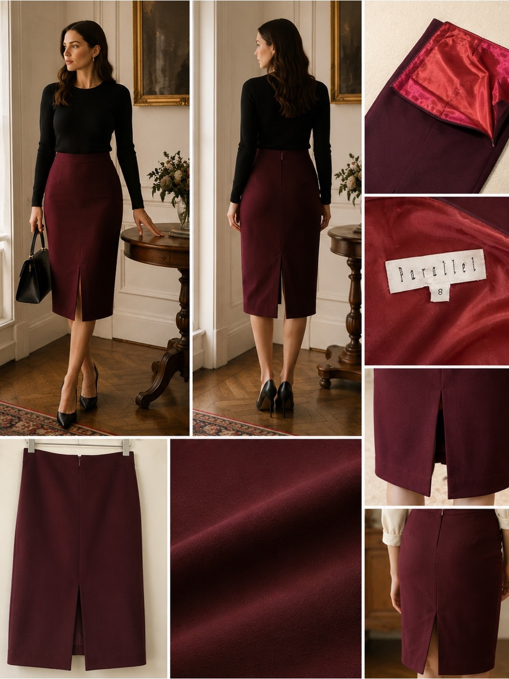 Vintage Parallel Burgundy Pencil Skirt Size 8 Satin Lined Quiet Luxury